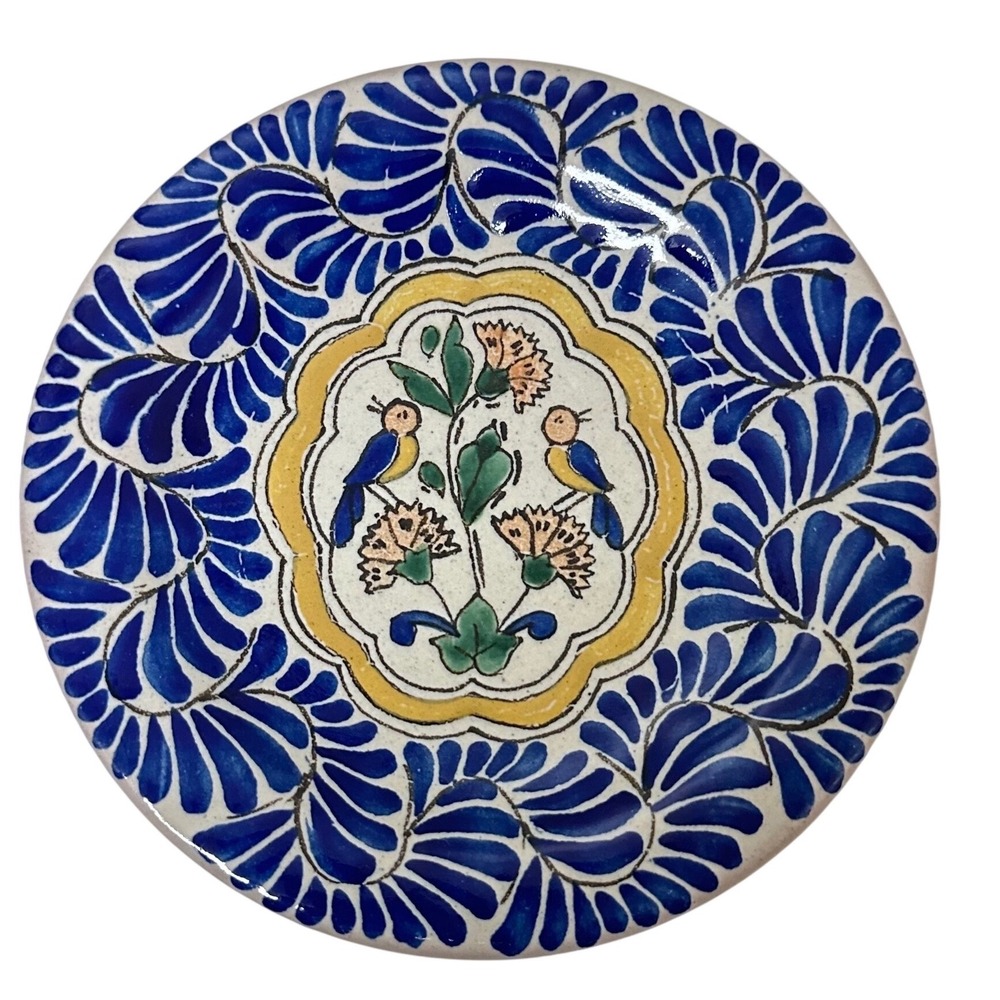 Uriarte Talavera Mexico Hand Painted Bird Floral Pottery Plate 8.25 Inch Blue